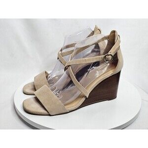 Michael Kors Women's Ankle Strap Wedge Sandals Suede Cream Heels Size 9.5